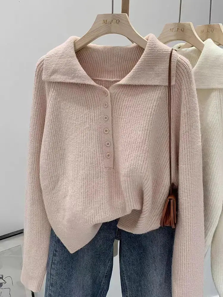 Pink Lazy Korean Style Big Collar Sweater – Women’s Autumn Winter Slim Soft Knitted Top | Sweet Loose Fit Versatile Knit