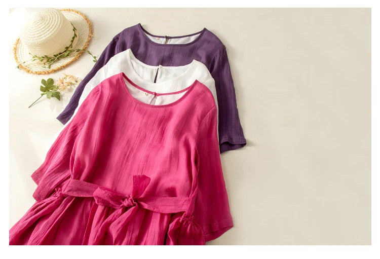 Women’s Summer Lightweight Cotton Dress – Long Sleeve Loose Waist A-Line Retro Dress with Belted Splice