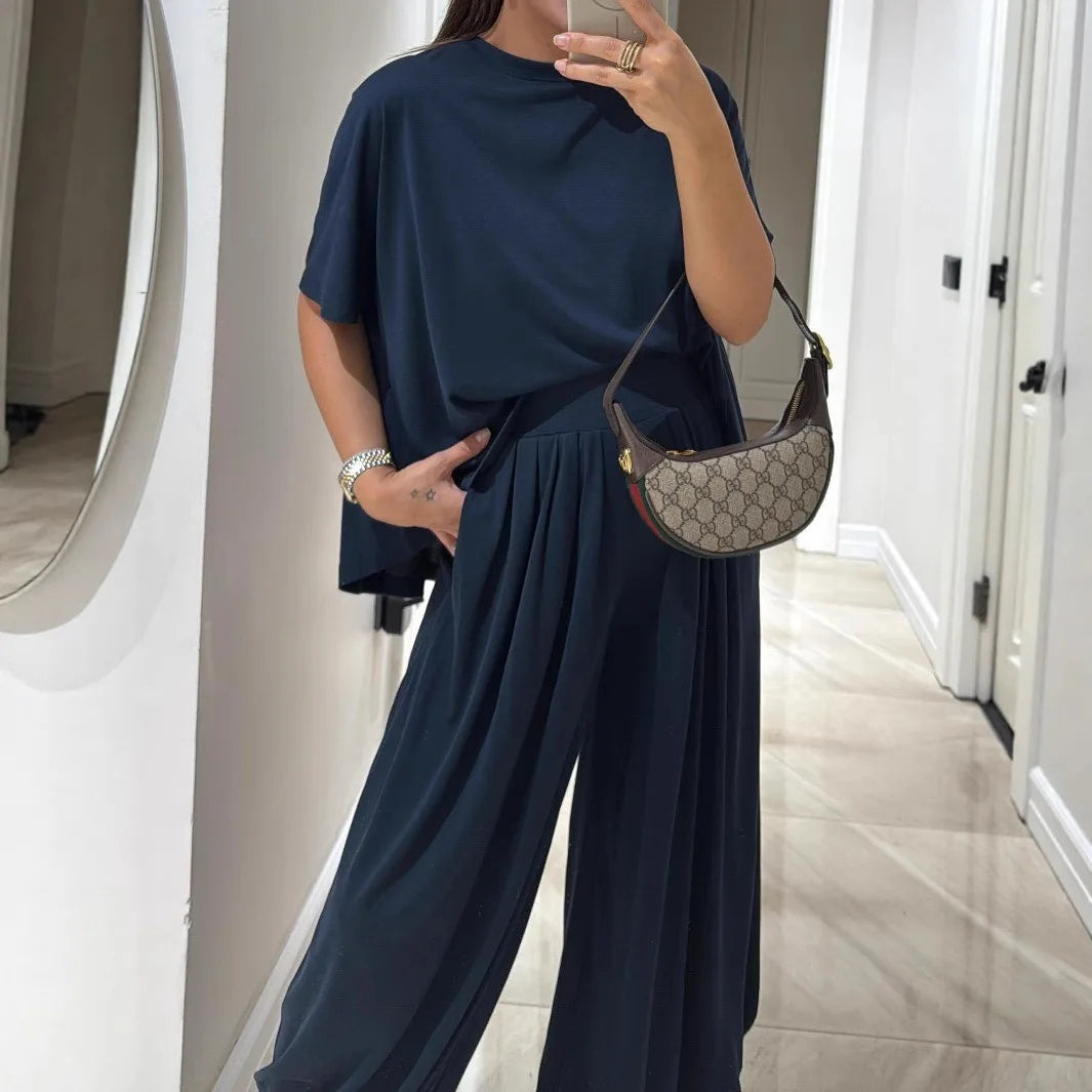 Casual Women’s 2-Piece Set – Short Sleeve T-Shirt & High Waist Wide-Leg Trousers Summer Fashion 🌿☀️