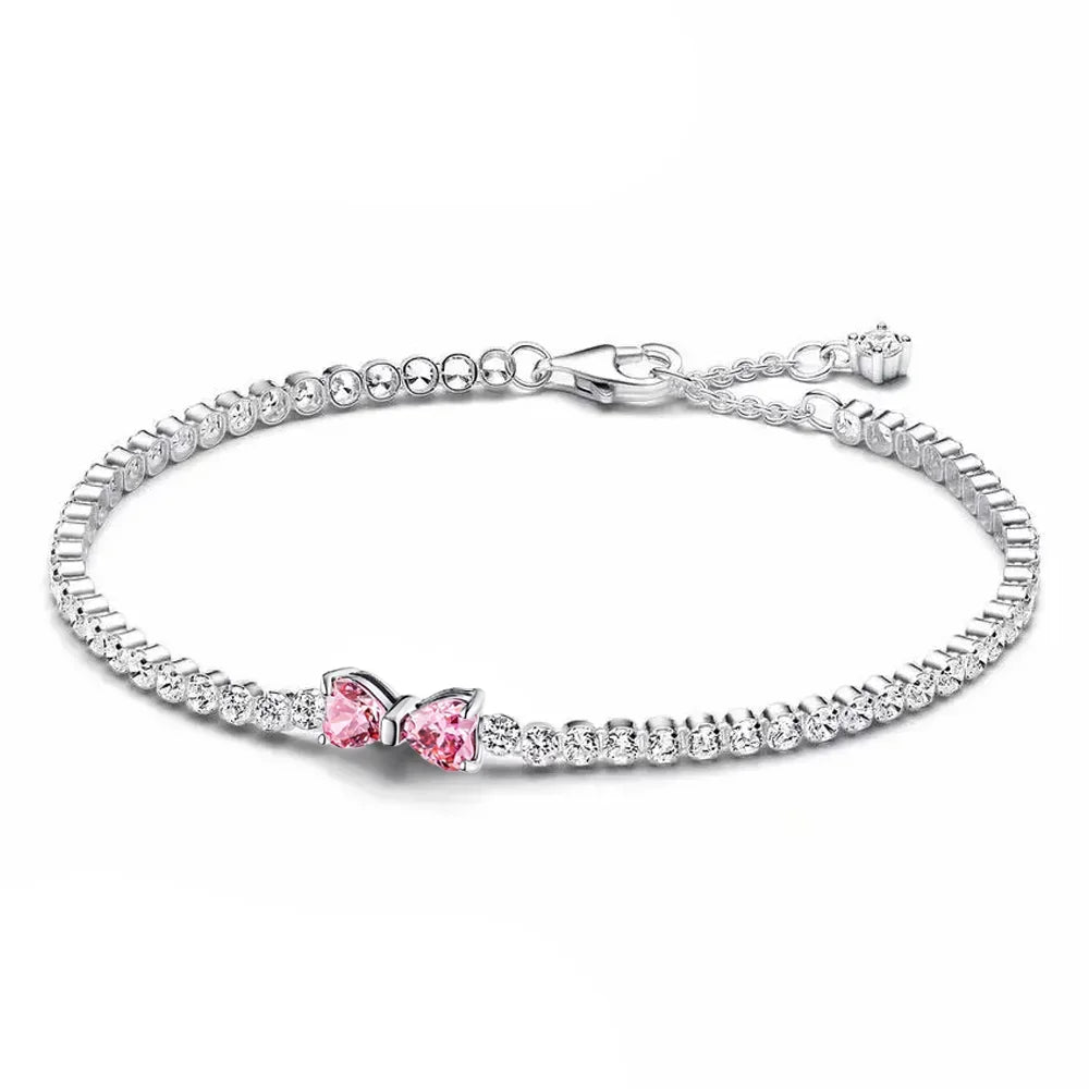 925 Sterling Silver Pink Bow Jewelry Set – Charms, Rings, Earrings & Necklace Beads for Women