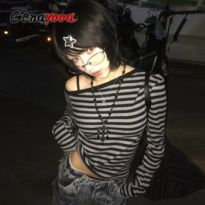 Genayooa Japanese Y2K Off Shoulder Striped Crop Top | Women's Long Sleeve Grunge Streetwear T-Shirt
