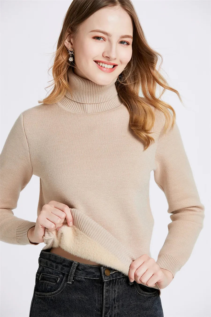 Women Winter Thicken Turtleneck Sweater – Slim Knit Plush Velvet Lined Warm Pullover Jumper
