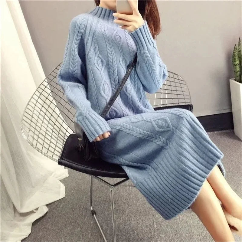 Khaki Thickened Half High Neck Sweater Dress for Women – Autumn Winter 2023 Korean Fashion Loose Thin Knit Long Dress