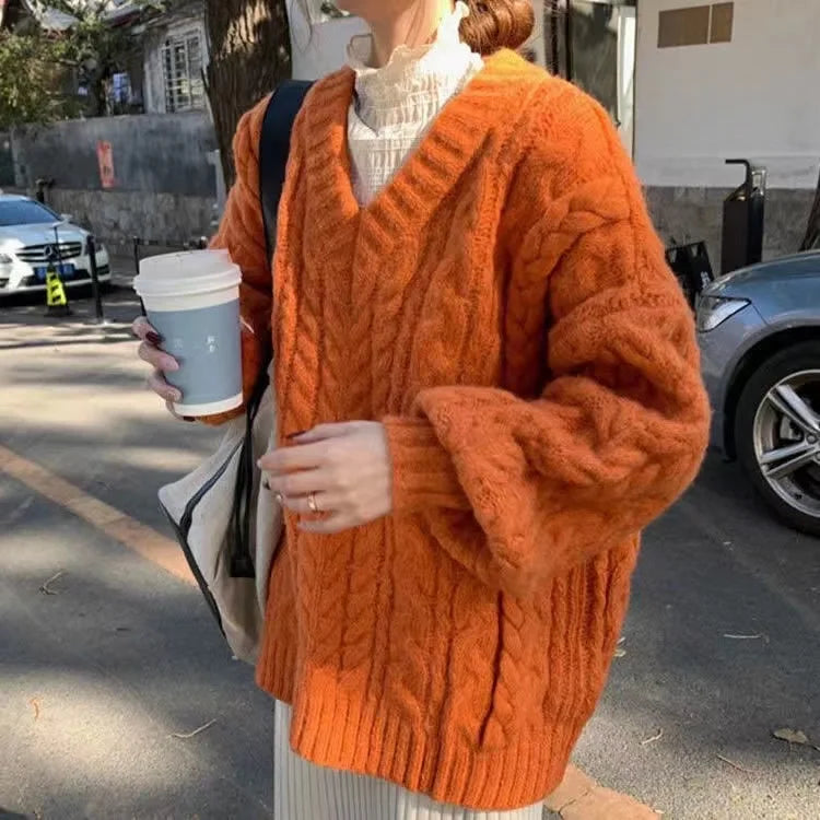 Women’s V-Neck Twisted Knit Sweater – Loose Autumn Winter Outerwear | Lazy Sleeve Soft Knitted Long Sleeve Top