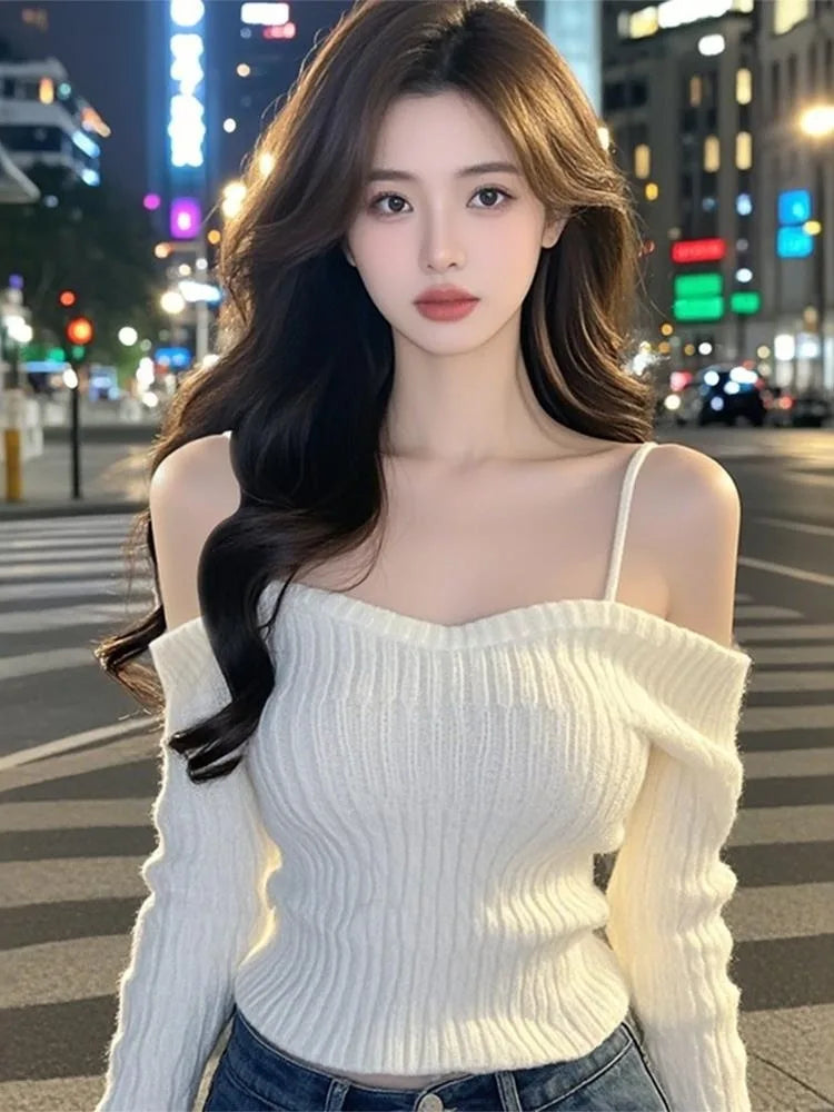 Sexy One-Shoulder Knitted Sweater for Women | Slim Fit Korean Style Long Sleeve Top | Spring 2025 Fashion Pullover