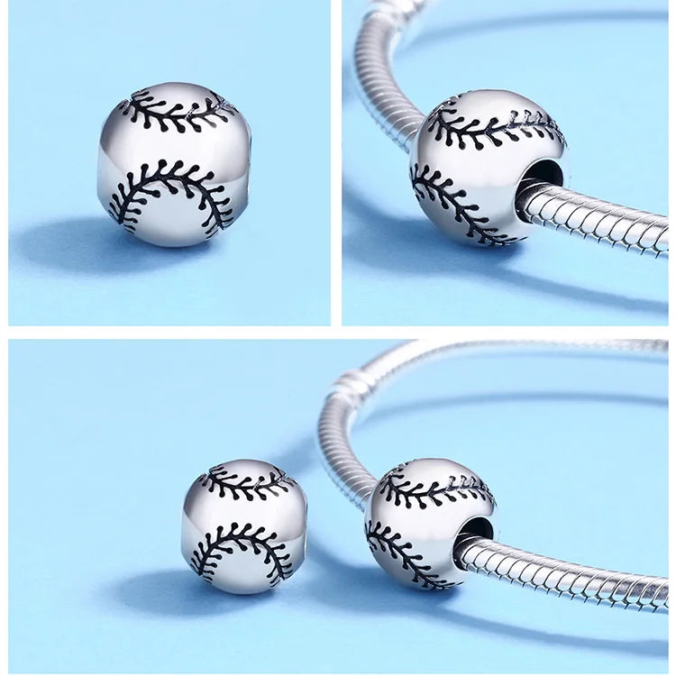 BISAER 925 Sterling Silver Ball Series Charms – Football, Volleyball, Tennis & Basketball Beads Fit Pandora Bracelet DIY Jewelry