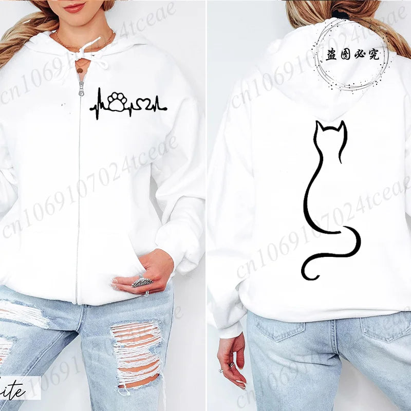 Women’s Cat Heartbeat Zipper Hoodie | Cute Zip-Up Sweatshirt | Autumn Winter Streetwear Jacket