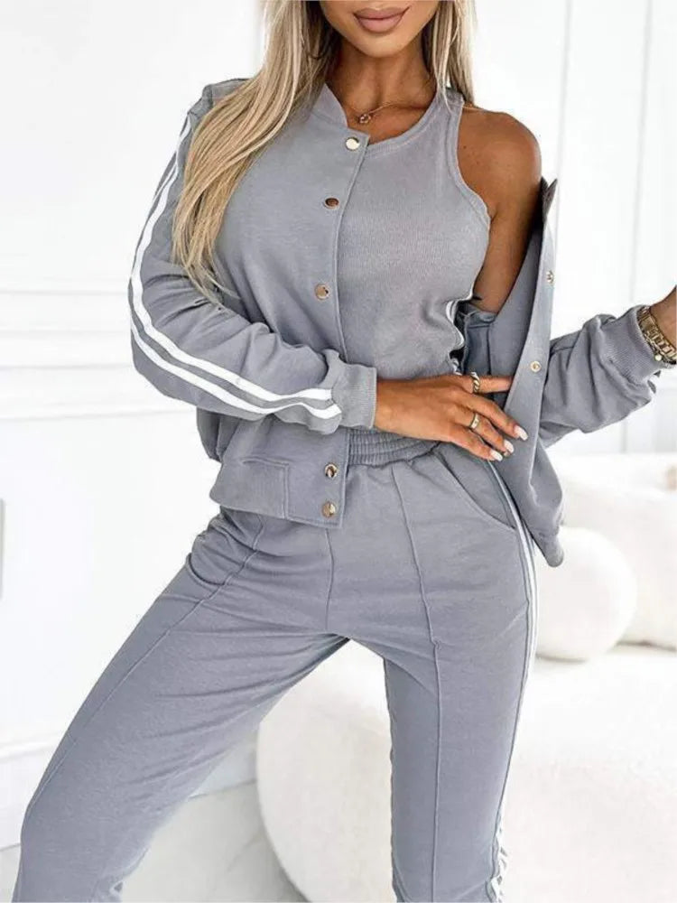 Autumn Women’s 3-Piece Suit 🍂 Striped Tracksuit Jacket + Tank + Pants ✨