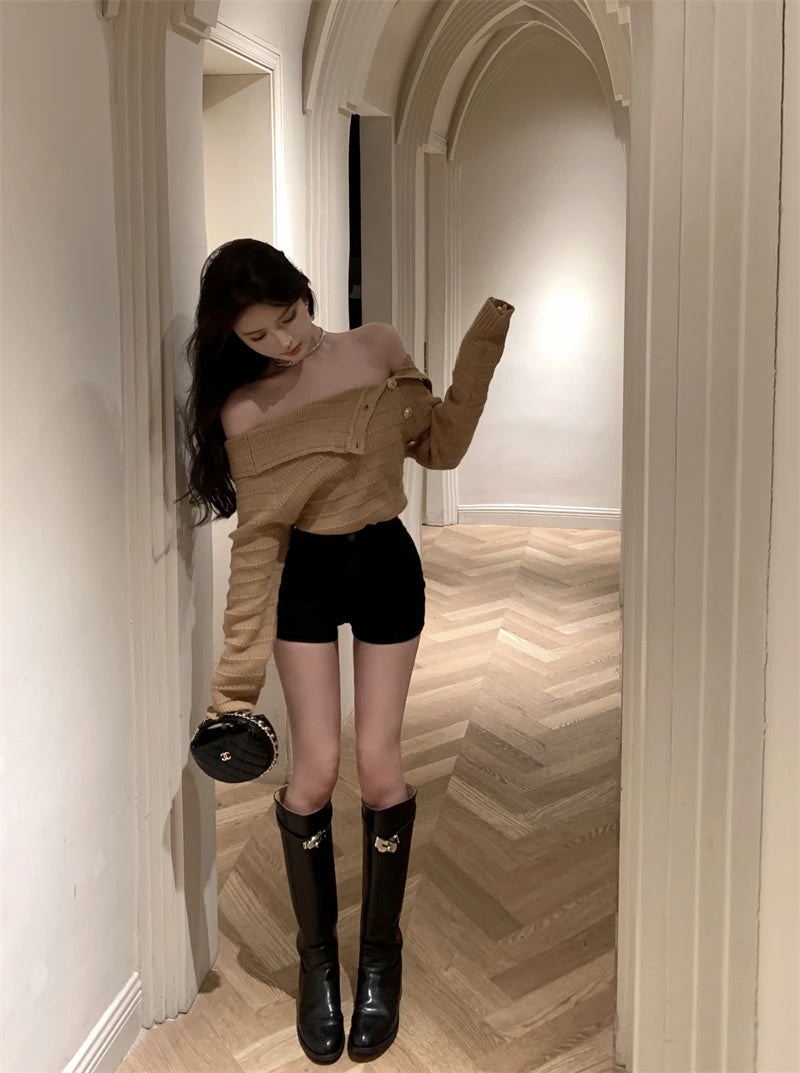 Ele Gold Button Knitted Shoulder-Bared Sweater – Slim Fit Crew Neck Long Sleeve Women Top | Spring Autumn