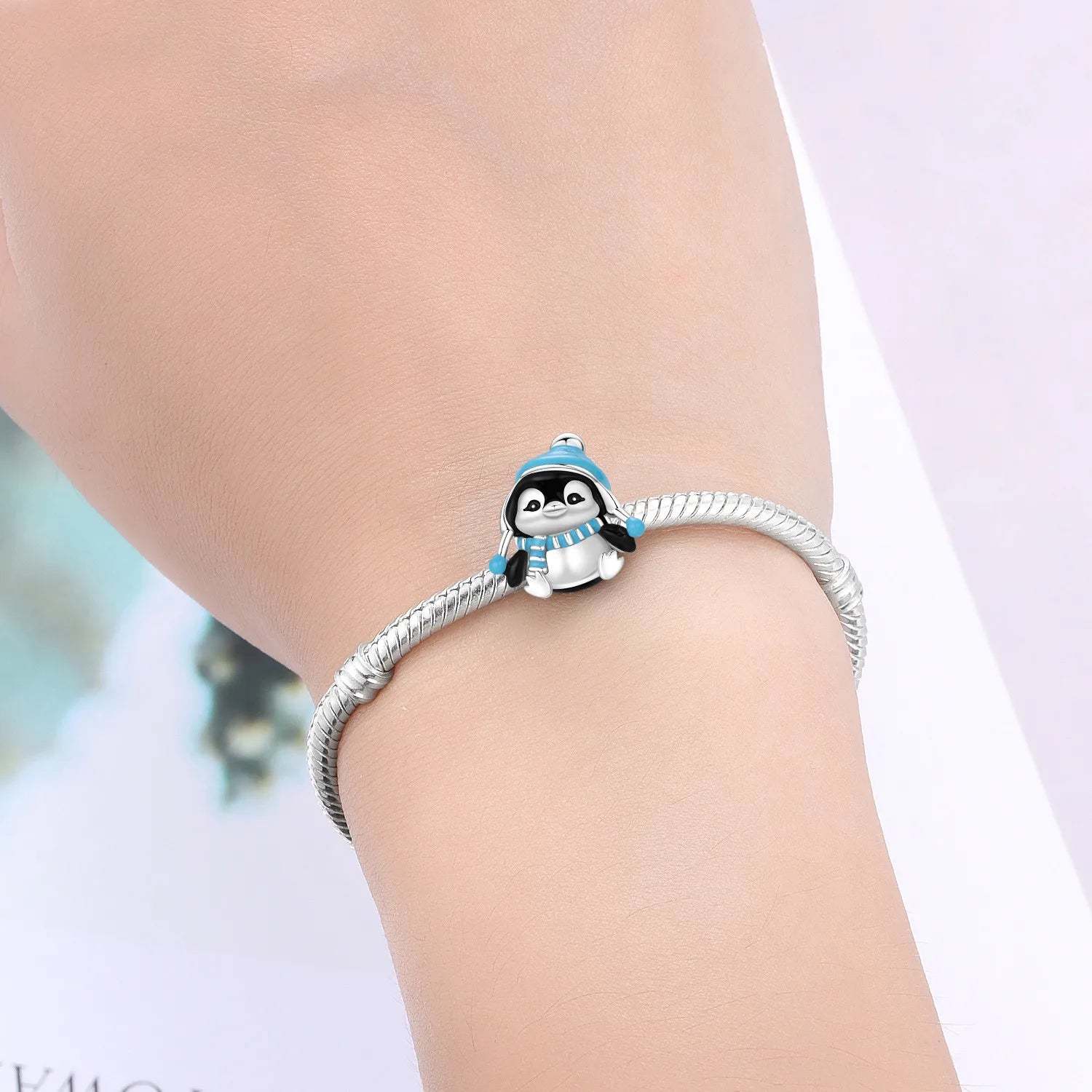 PANPOKI 925 Sterling Silver Blue Hat Penguin Beads | Animal Charms for Original Bracelet DIY Jewelry & Trendy Party Gifts
