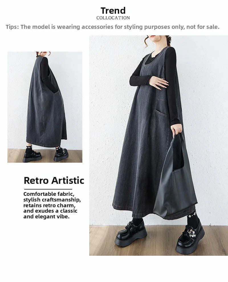 Loose Korean Style Plus Size Denim Vest Skirt – High Waist Over-Knee Slimming Cotton Jeans Corset Casual Dress for Women