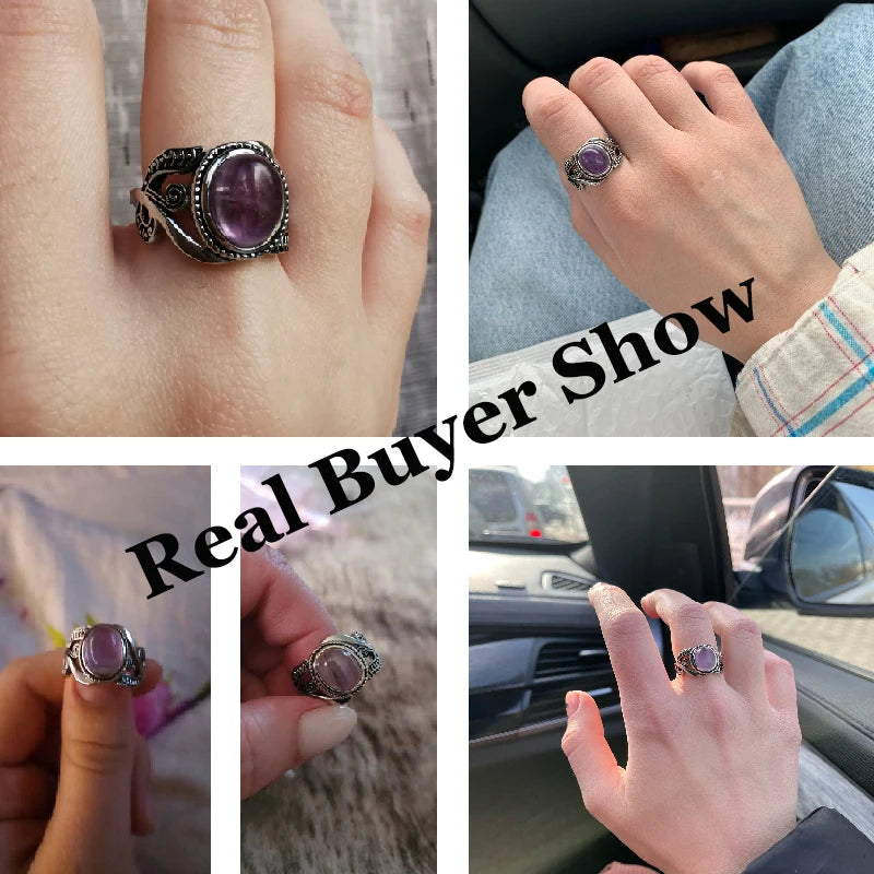 HuiSept Vintage 925 Sterling Silver Amethyst Flower Ring – Elegant Gemstone Jewelry for Women Wedding & Party Gift