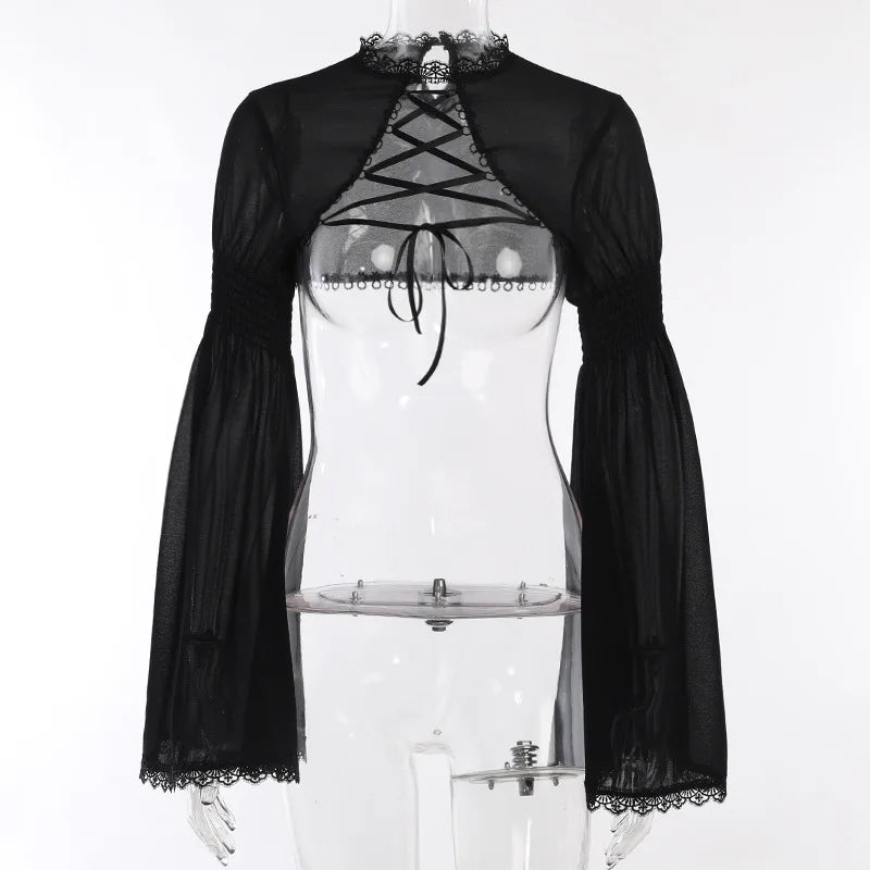 Dark Black Goth Top | Women’s Vintage Flared Sleeve Gothic T-Shirt Y2K Party Wear