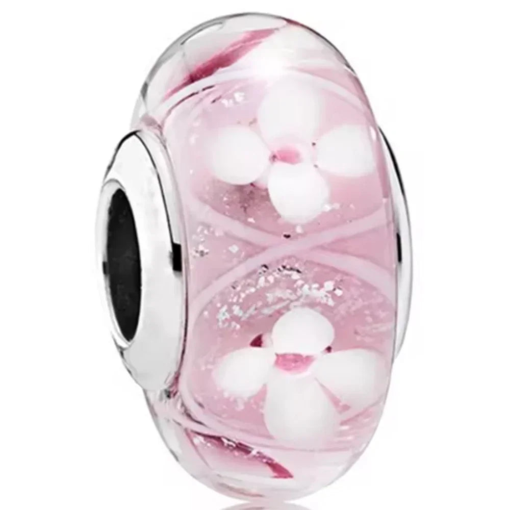 2025 Classic 925 Sterling Silver Colored Flower & Leaf Murano Glass Charm Beads | DIY Bracelet