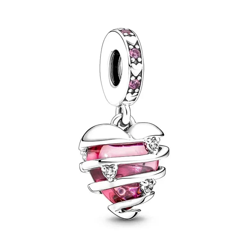 Romantic Pink Flowers 925 Sterling Silver Charms | Bag Lipstick Heart Bow Rose Bead Fit Original Bracelet DIY Jewelry Gift