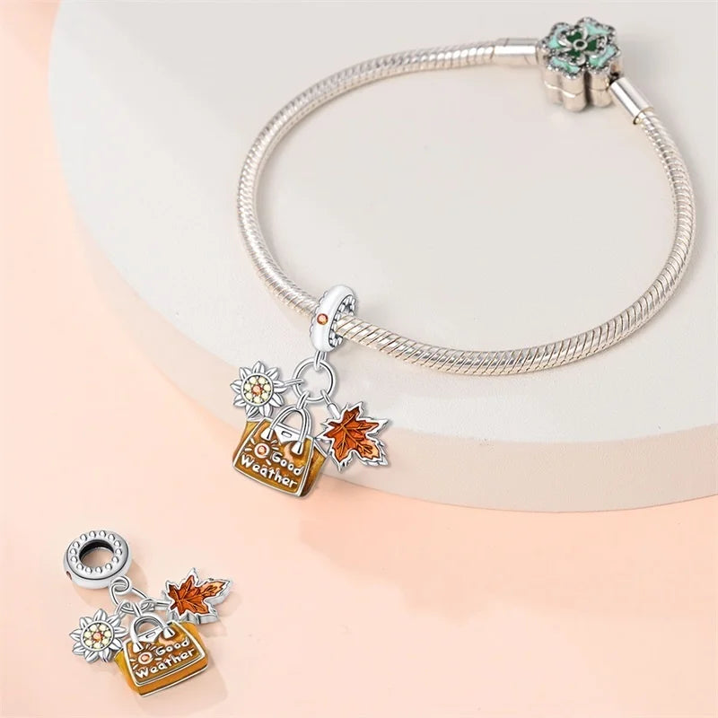 925 Sterling Silver Squirrel & Maple Leaf Charm | Shiny Zircon Autumn Beads Fit Pandora Bracelet DIY Jewelry
