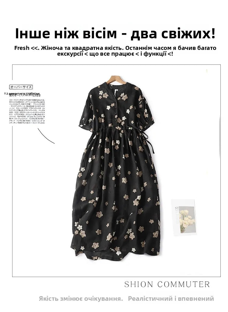 Elegant Hemp Floral Print Maxi Dress – Women's Summer Travel Gown, A-Line Midi Skirt, Chic Lightweight Long Dress