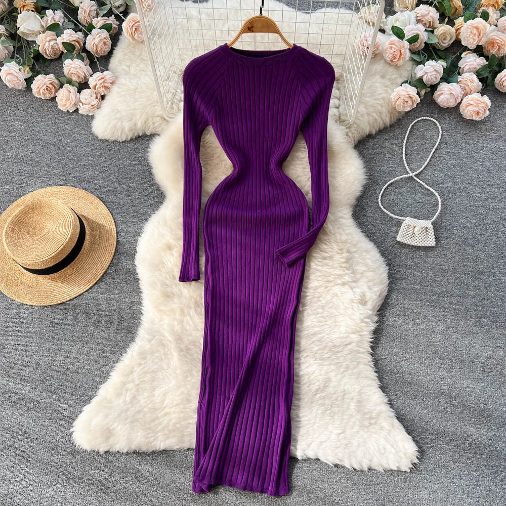 SINGREINY Winter Women’s Knit Maxi Dress – Slim Solid O-Neck Long Sleeve Pencil Sweater Dress | Autumn Harajuku Fashion