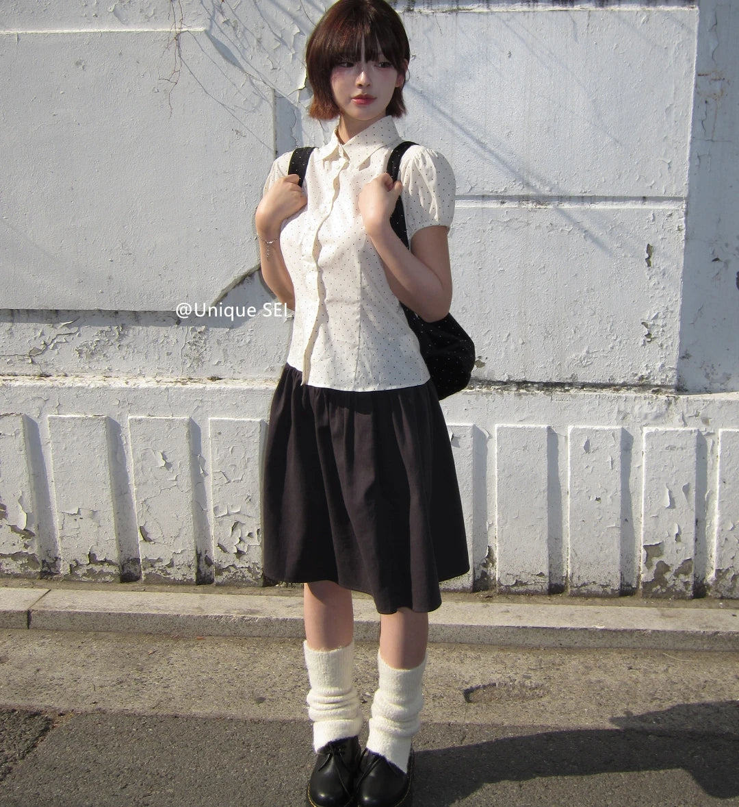 Sweet Korean Style Polka Dot Short Sleeve Blouse | Women’s Slim Fit Summer Top with Bubble Sleeves