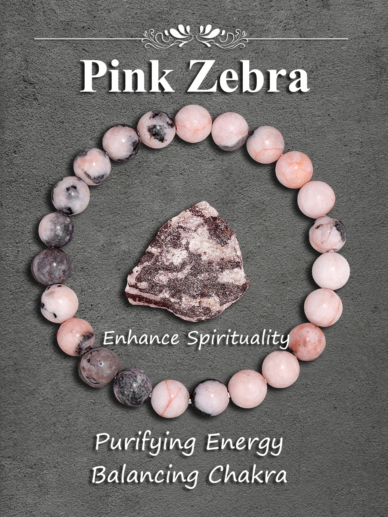 Original Pink Zebra Stone Bead Bracelet – Natural Reiki Healing Crystal Jewelry for Positive Energy & Balance Women Men