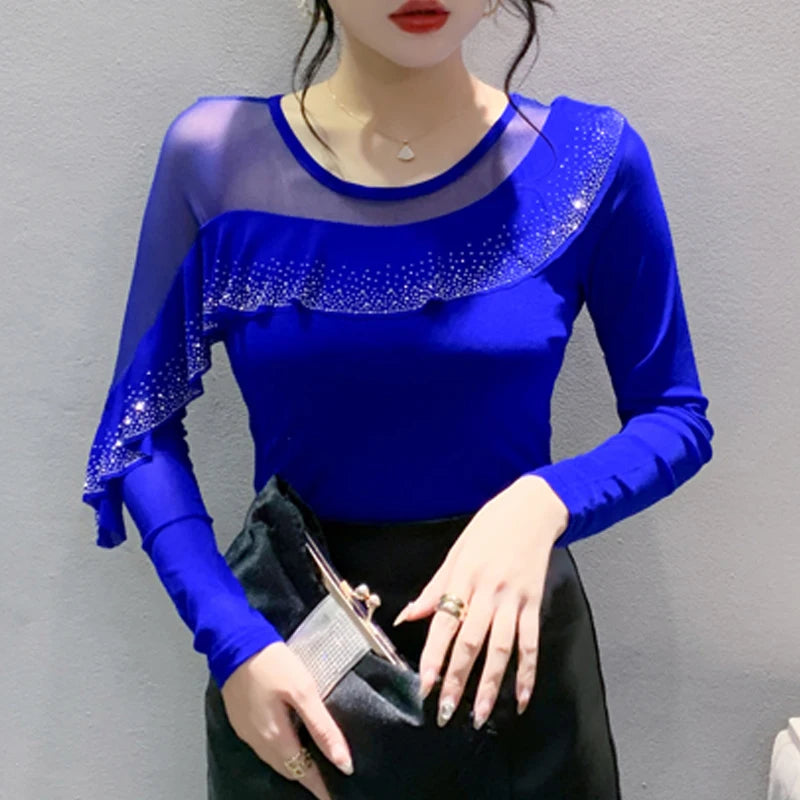 2025 Autumn Women’s Mesh Top – Korean Round Neck Ruffles & Diamond Detail Long Sleeve T-Shirt 🍂✨