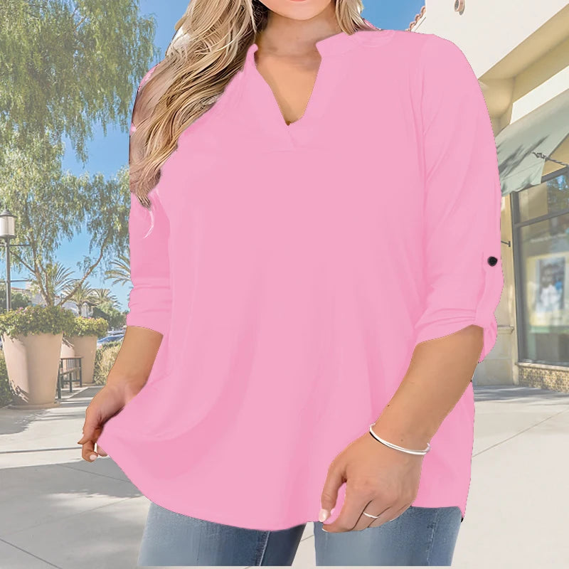 2025 Women’s Plus Size Summer Blouse – Casual V-Neck Button-Front Loose Fit Short Sleeve Top