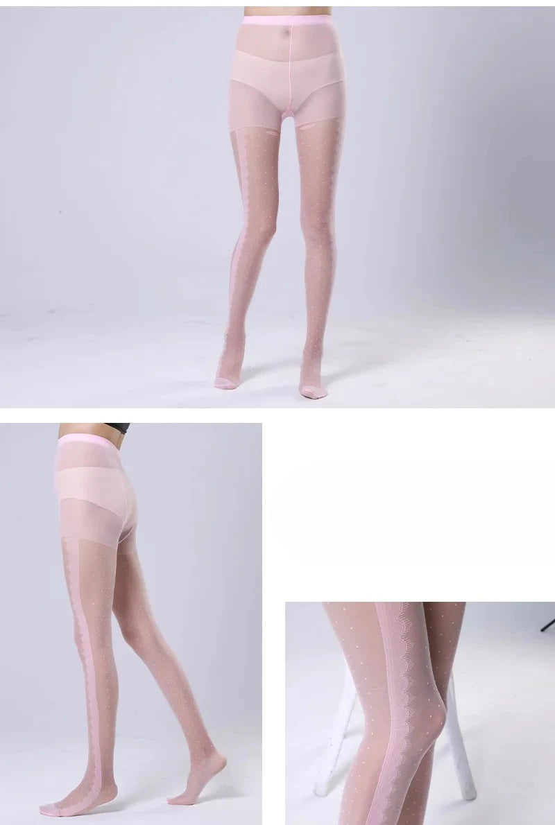 Women's Striped Lace Tights – Sheer Jacquard Dot Pantyhose with Side Seam Detail, 20 Denier for Transitional Seasons