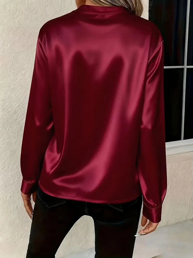 Elegant Long Sleeve V-Neck Silk-Like Top for Women – Office & Evening Wear Blouse