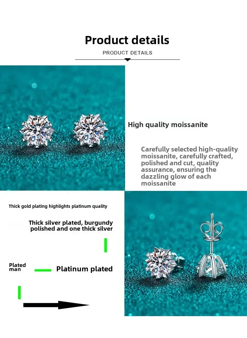 925 Sterling Silver Certified Moissanite Heart Snowflake Earrings | Six Claw Studs for Women | Elegant Piercing Jewelry Gift