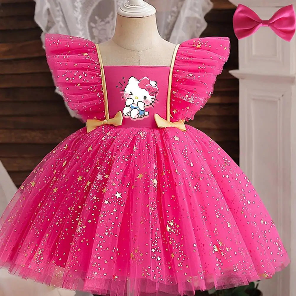 Hello Kitty Girl Party Dress Christmas Birthday School Holiday High Waist Tulle Dress Bow Wedding Gown Kids Wear Princess Dress