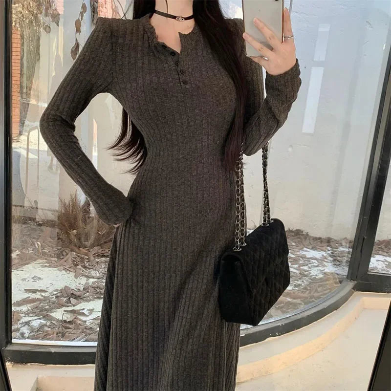 SMVP Elegant Slim High Waist Knit Dress for Women – Autumn Winter Long Sleeve Warm Vintage Long Dress | Streetwear Vestidos