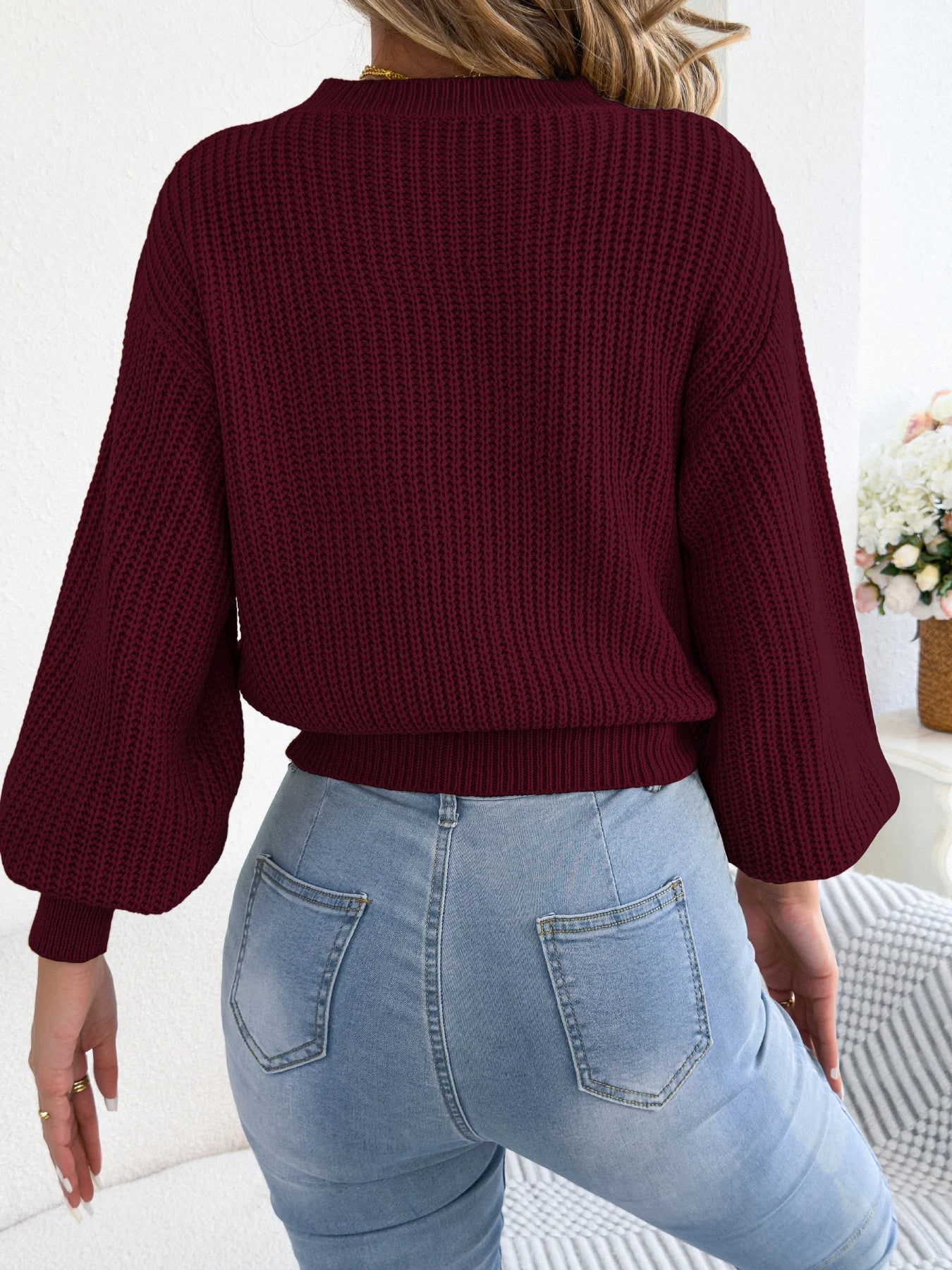 Women’s Round Neck Lantern Sleeve Knitted Sweater – Solid Color Autumn Winter 2025 Knitwear (Yellow, Red, Khaki)