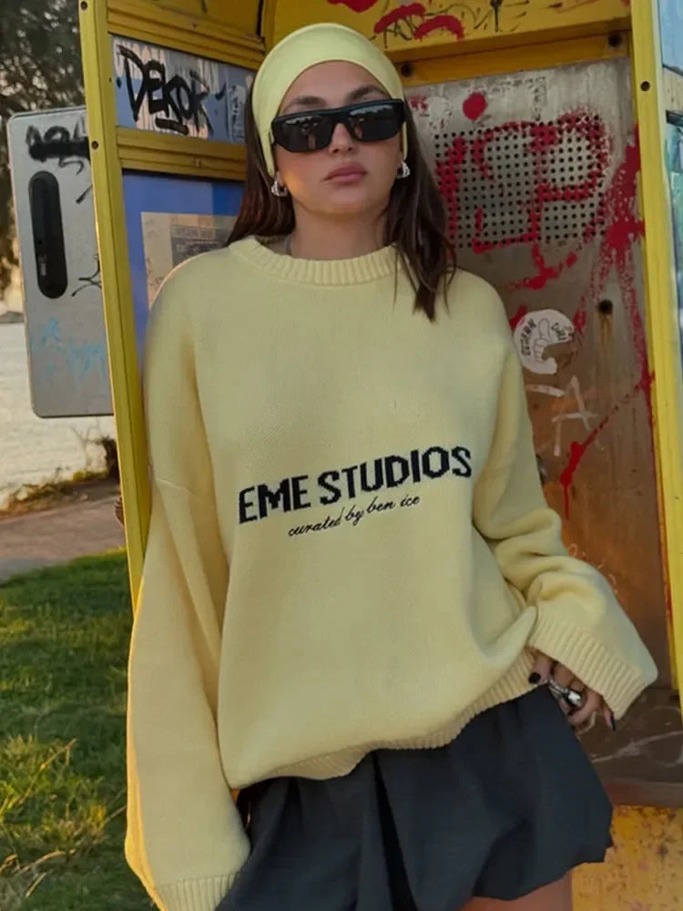 2025 Women’s Oversize Knitted Top | Full Sleeve Round Neck Pleated Loose Sweater | Autumn Daily Streetwear