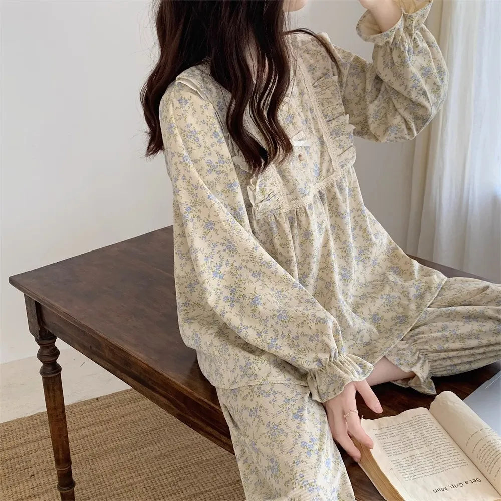 Women’s Plus Size Pajamas – Garden Style Student Homewear Two-Piece Set | Korean Version Bow Detail, Long Sleeve, Can Be Worn Outside