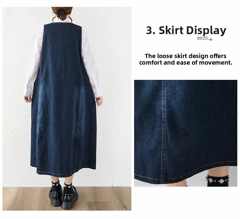 Loose Korean Style Plus Size Denim Vest Skirt – High Waist Over-Knee Slimming Cotton Jeans Corset Casual Dress for Women