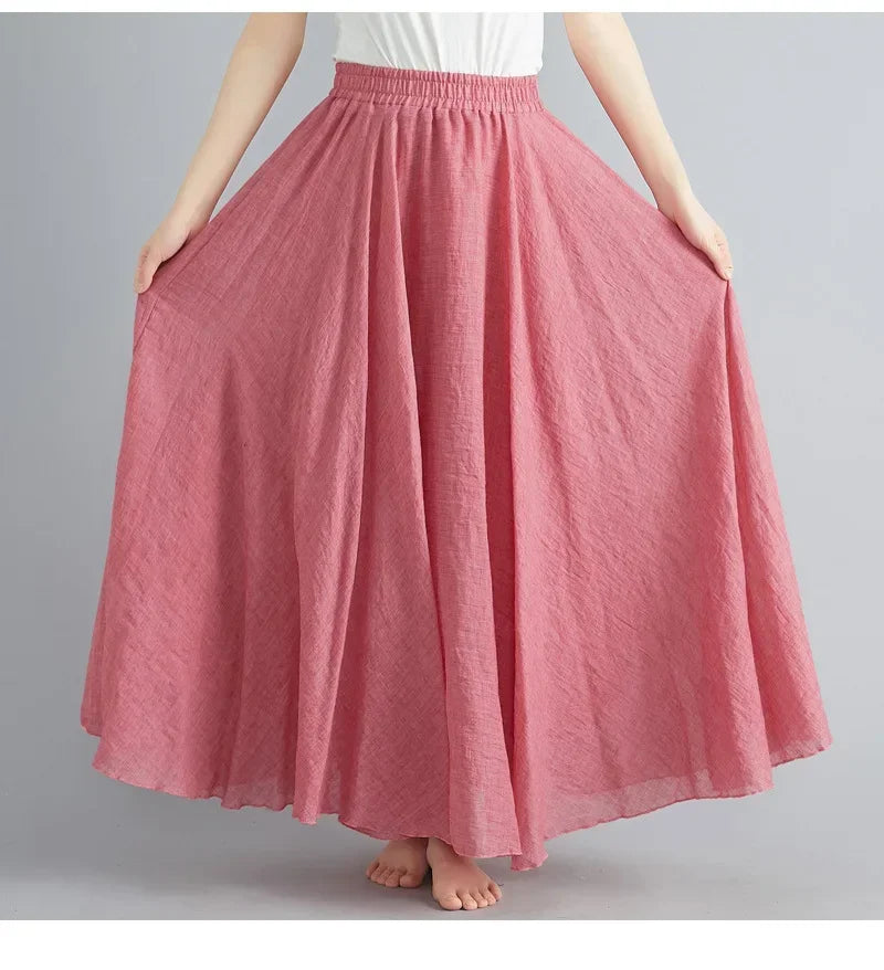 Fashion Solid Cotton Linen Women Maxi Skirt – Elegant Harajuku Casual Loose Long Skirt 👗✨