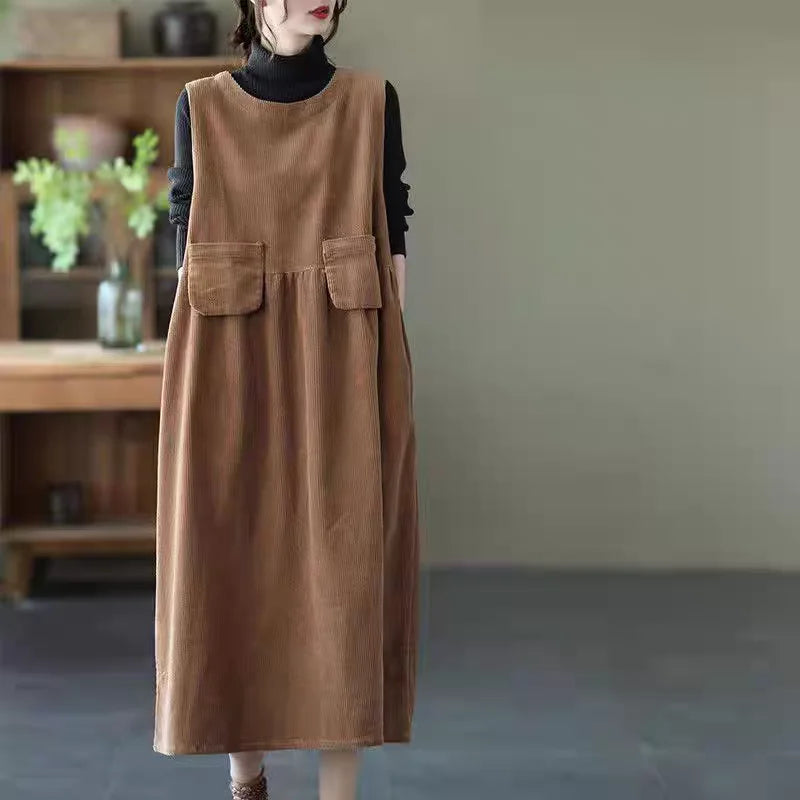 Artistic Corduroy Overall Dress for Women – H-Line Casual Wear, Medium Stretch Comfortable Autumn Season Single Piece