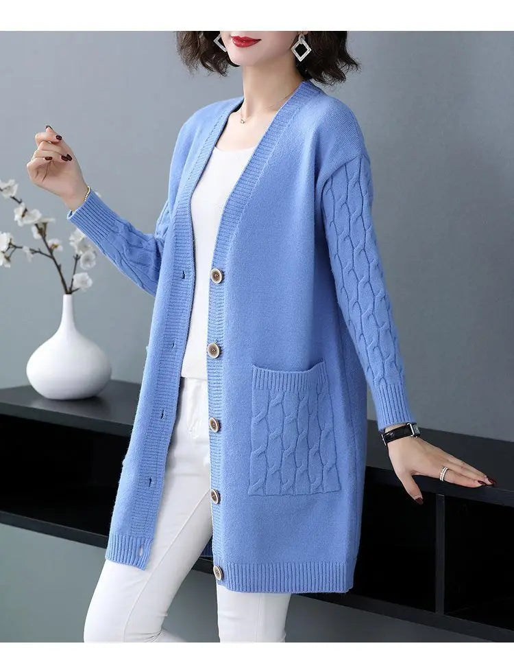 Sueter Mujer Invierno 2025 | Vintage Knitted V-Neck Cardigan | Women’s Casual Solid Sweater with Pockets