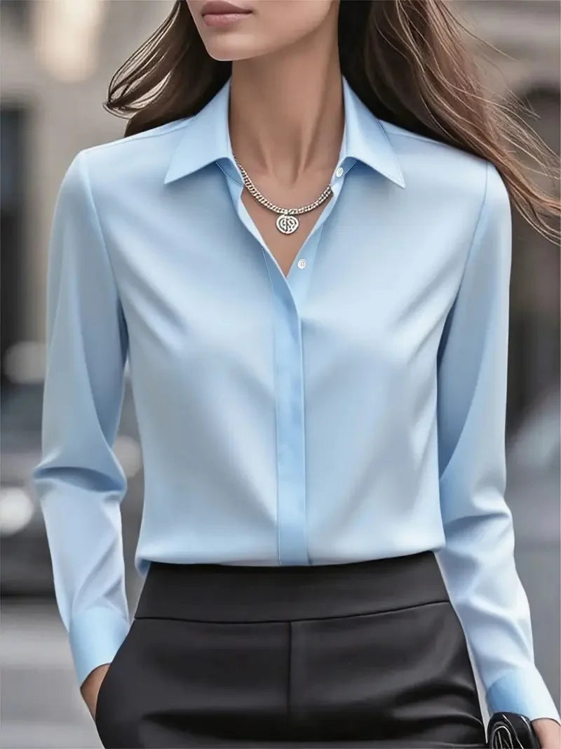 Autumn Women’s Professional Solid Color Shirt – Elegant Lapel Long Sleeve High-Class Office Top 🍁✨