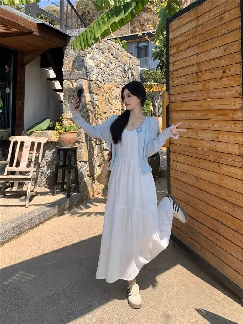 Summer 2025 Women’s Pure Cotton White Strap Dress with Long Sleeve Ice Silk Knitted Sun Protection Cardigan Set – Elegant Fashion