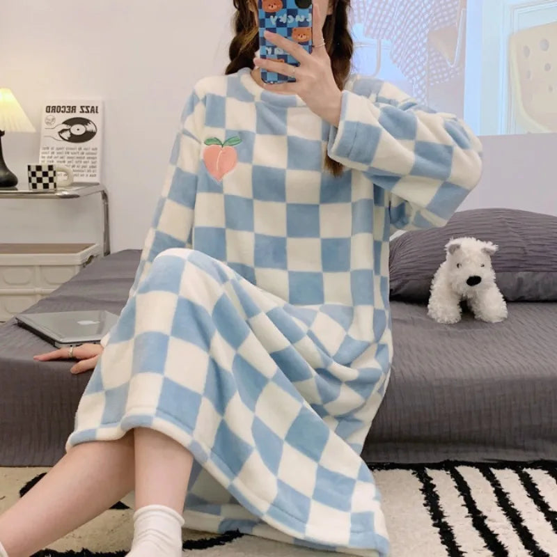 Ladies’ Nightwear Nightdress – Autumn Winter Coral Velvet Long Sleeve Plaid Striped Flannel Dress, Large Size