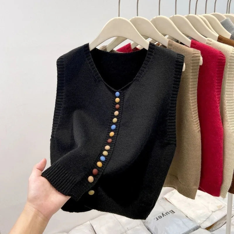 Women’s Rainbow Knit Sweater Vest | Autumn V-Neck Cardigan | Soft Button-Up Loose WaistcoatWomen’s Rainbow Knit Sweater Vest | Autumn V-Neck Cardigan | Soft Button-Up Loose Waistcoat