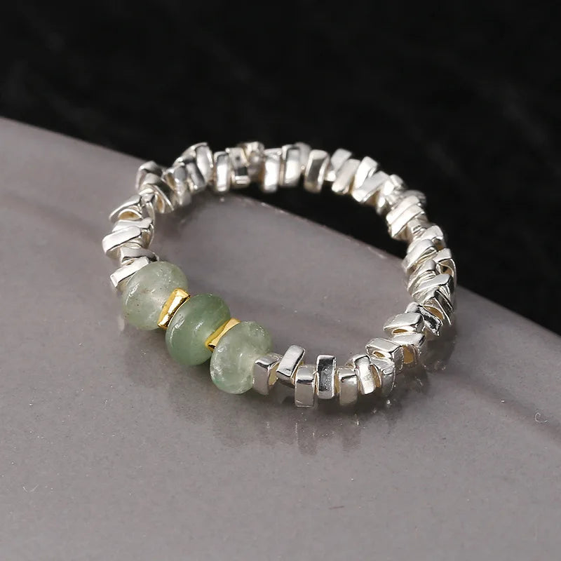 PANJBJ 925 Sterling Silver Hotan Jade Geometric Adjustable Ring | Retro Delicate Jewelry Gift for Women