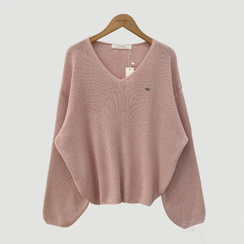 Loose Women’s Knitwear V-Neck Long Sleeve T-Shirt – Casual Comfortable Fashionable Autumn Top New Arrival