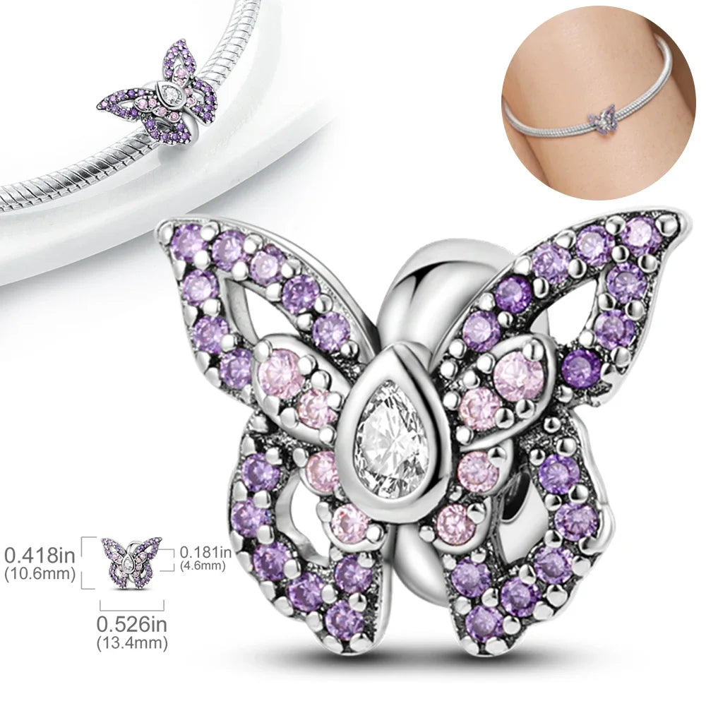 925 Sterling Silver Purple Flower & Butterfly Dangle Charm | Bead for 4MM Bracelet or Necklace DIY Jewelry Gift