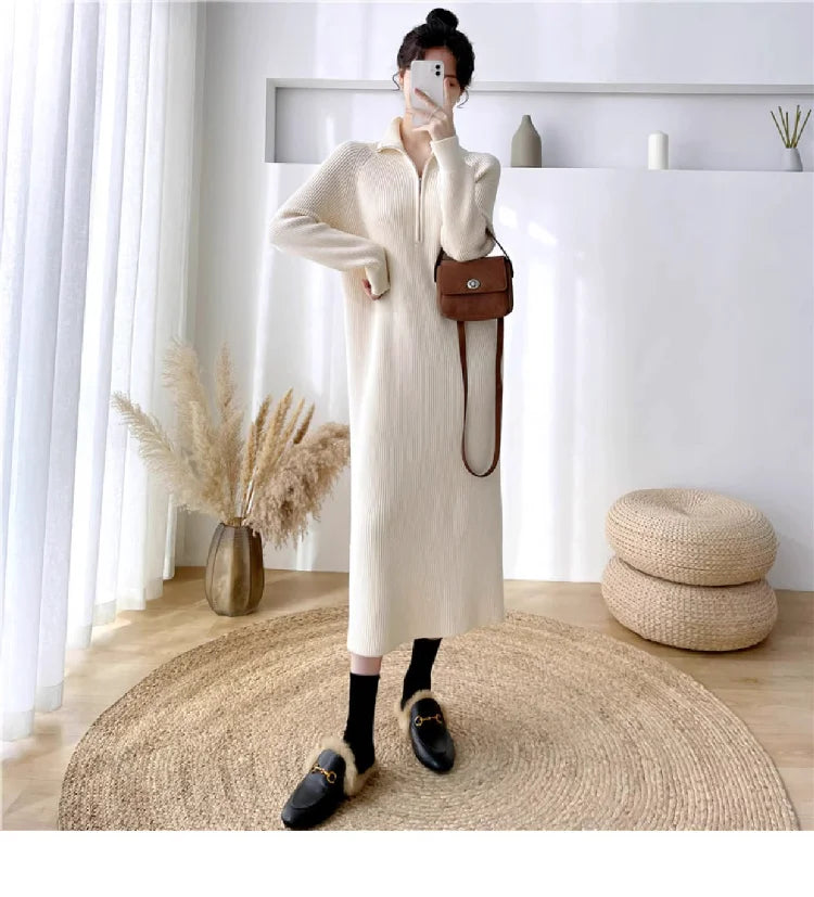 Autumn Winter High Collar Knitted Dress for Women – Loose Fit Long Sleeve Straight Tube Casual Warm Outfit