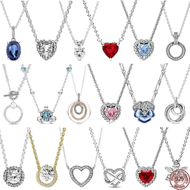 New 925 Sterling Silver Sparkling Heart-Shaped Square Pendant Necklace for Women