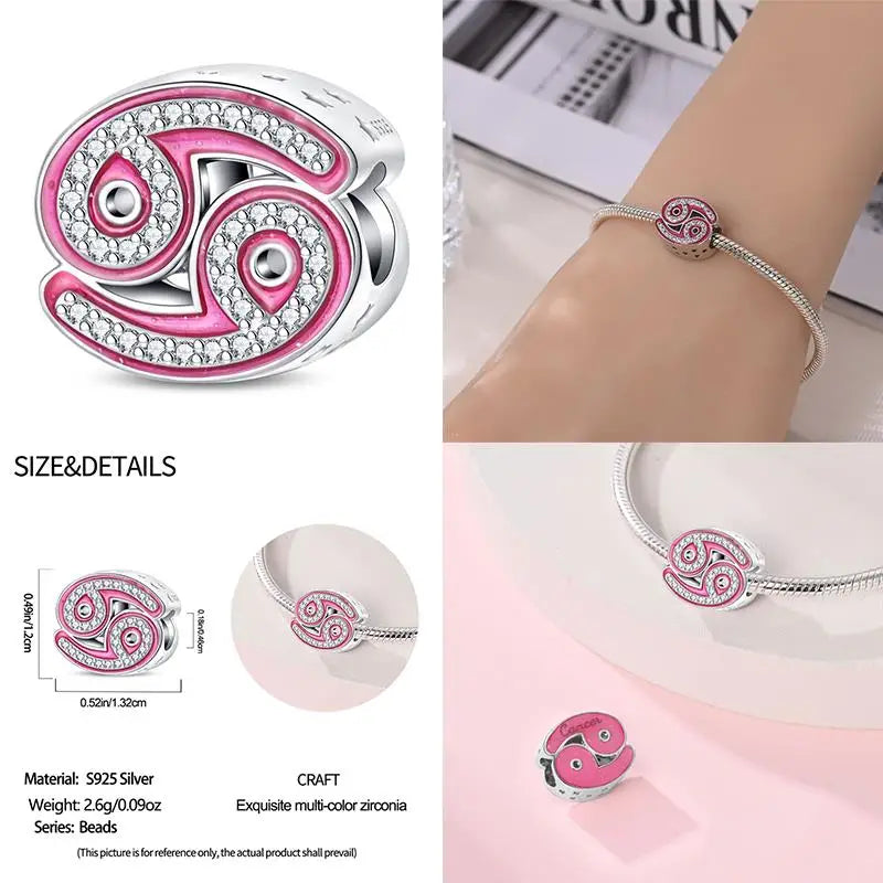 925 Sterling Silver Pink Zircon 12 Zodiac Signs Charms | Fit Original Pandora Bracelets DIY Jewelry Gift for Women