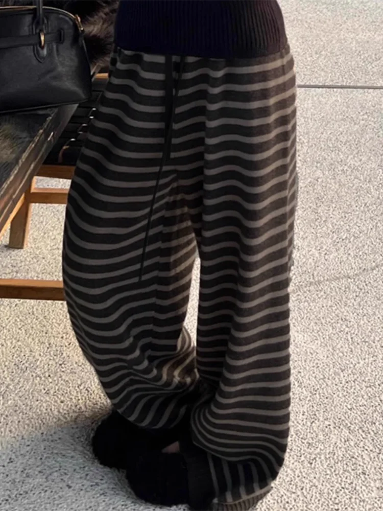 Harajuku Contrast Color Striped Pants | Y2K Vintage Wide-Leg Knitted Trousers for Women