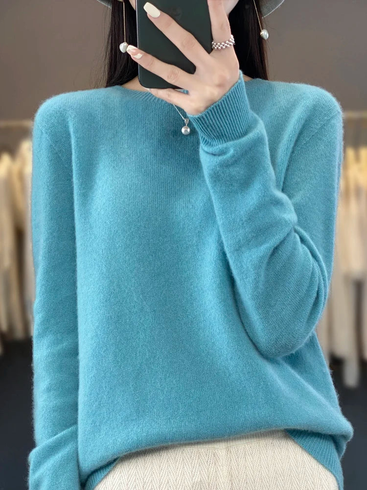 Women’s 100% Merino Wool O-Neck Cashmere Sweater – Autumn & Winter Casual Knitted Pullover 🍂🧶